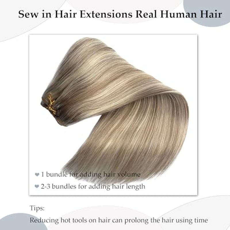 Sew in Hair Extensions Real Human Hair 24 Inch Weft Extensions Real Remy Hair Ash Brown Balayage Platinum Blonde Highlights Weft Full Head Straight Hair Weaves 120G Hair Weft Bundles Straight Hair