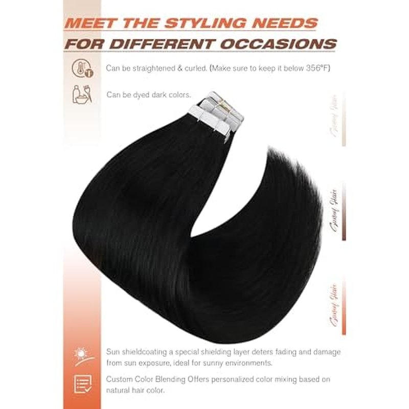 Sunny Hair Tape in Hair Extensions Human Hair 26inch Hair Extensions Real Human Hair Tape in Extensions for Women Jet Black Invisible Remy Hair Natural Straight Skin Weft Double Sided Tapes 20Pcs 50g