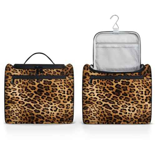 Toiletry Bag with Hanging Hook Makeup Bag Retro Leopard Cheetah Animal Print Cosmetic Case Travel Organizer for Women Men Traveling Wash Bag