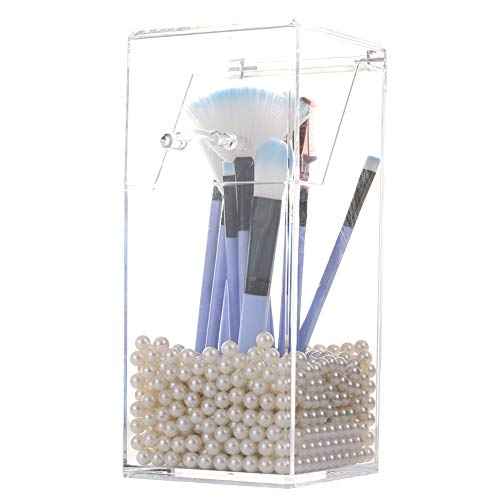 Sooyee Makeup Brush Holder,Makeup Brush Organizer with 8mm White Pearls,Dustproof Makeup Brush holder with Lid
