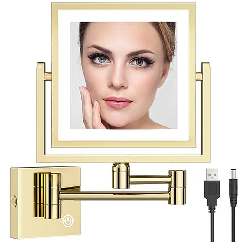 LED Lighted Makeup Mirror Wall Mounted Square, 1/3X Bathroom Magnifying Mirror Wall Mounted with Light, Touch Dimming, Rechargeable, PVD Zirconium Gold