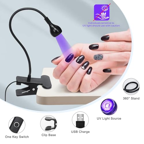 UV Nail Lamp - UV Light for Gel Nails, LED Gooseneck Flash Cure Lamp for Nails, Manicure Dryer Black Light with Clamp, 365+395nm Wavelength 5V 3W 4 Levels Dimming