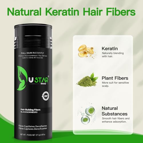 Hair Building Fibers Set, USTAR 5 in 1 Hair Fibers for Thinning Hair with Hair Fiber Spray, Natural Hair Filler for Hair Loss Instantly Thicker, Fuller Look, Hair Powder for Men & Women 77.5g (Black)