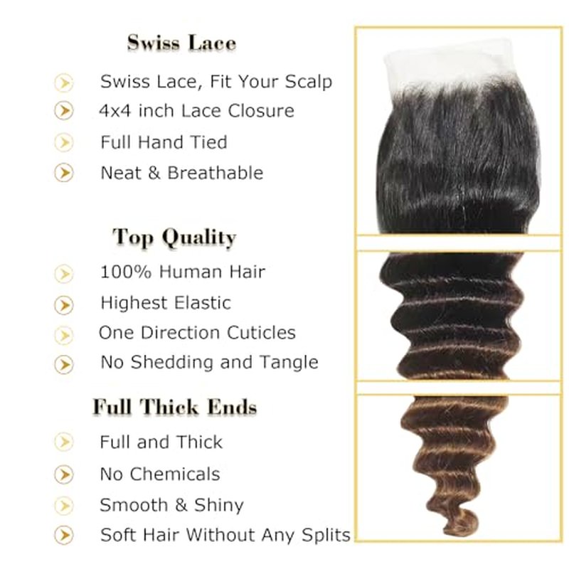 1B/2/30 Ombre Bundles With 4x4 Closure Loose Deep Wave Human Hair 12 14 16+12 Inch,10A Brazilian Hair Ombre Chestnut Brown Curly Wave Sew In Bundles and 4x4 Lace Closure