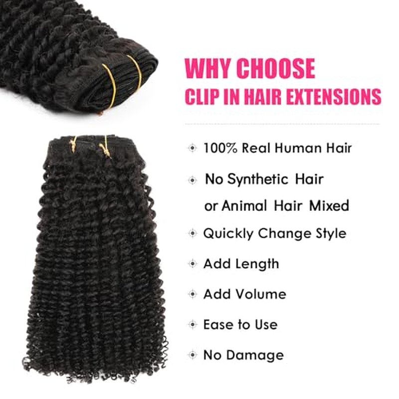 Kinky Curly Clip in Hair Extensions for Women 3C 4A Kinky Curly Clip ins 7Pcs 120g Remy Human Hair Clip in Hair Extensions Double Weft Natural Black 24 Inch
