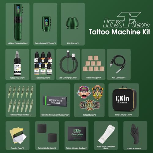 INKin Tattoo Gun Kit, Wireless Tattoo Machine with 2.0mm - 4.2mm Adjustable Stroke Length, Tattoo Machine Kit with 2Pcs Batteries 1600mah Power and Mixed Revo Tattoo Needles for Tattoo Pro