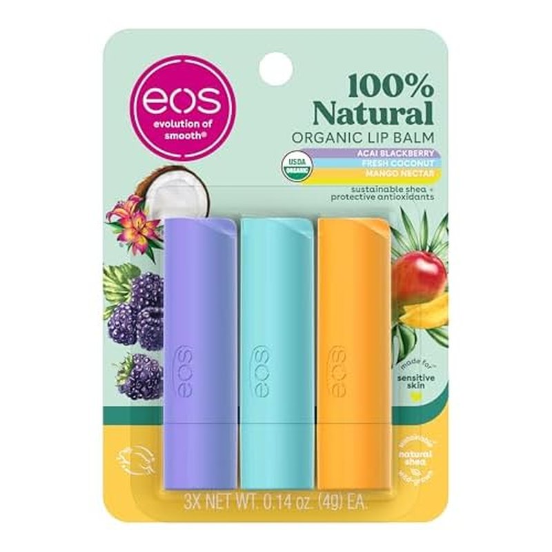 eos Natural Shea Lip balm, Acai Blackberry, Fresh Coconut, Mango Nectar 3-Pack Sticks