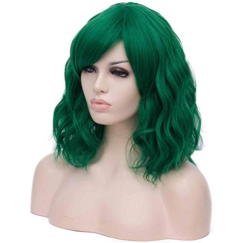 Mildiso Dark Green Wigs for Women Short Curly Wavy Bob Wig with Bangs Cute Synthetic Wig for Daily Party M073