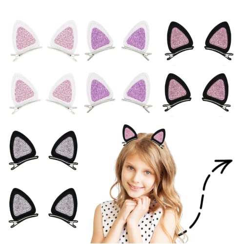 16 Pcs Cat Ears Hair Clips for Girls Cat Themed, Toddlers Animal Hair Pins Glitter Accessories for Girls Hair Clips Kids Easter Halloween Costume Party Supplies