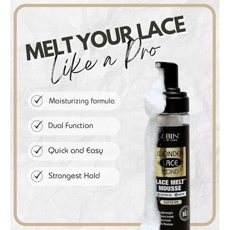 EBIN NEW YORK Wonder Lace Bond Melt Mousse 8.5oz/250ml- Extreme Firm Hold (Supreme) | Biotin + Castor Oil | No Residue, Long Lasting Formula with Protecting Edges, Gives Undetectable and Natural Look