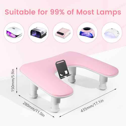 Arm Rest for Nails Tech: 3rd Generation Manicure Nail Arm Rest with Rotating Phone Stand, U-Shaped Height Adjustable Hand Rest Pillow for Acrylic Nails Pink