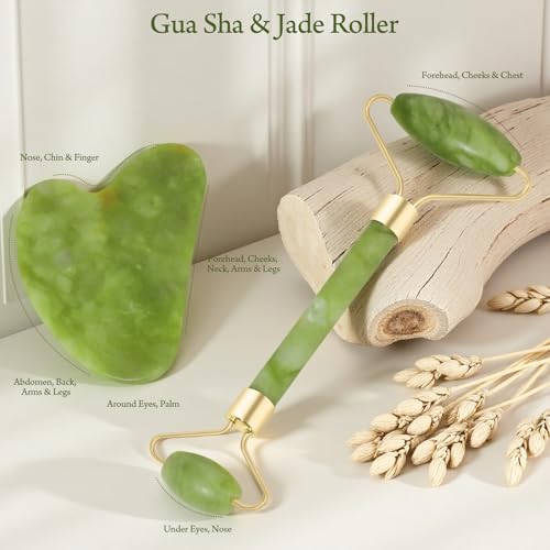 Real Perfection Gua Sha Facial Tools Face Roller for Wrinkles Jade Roller and Gua Sha Set, Scrubber Pore Brush Headband Skin Care Tools for Travel Skincare Routine Massaging Reducing Puffiness - Green