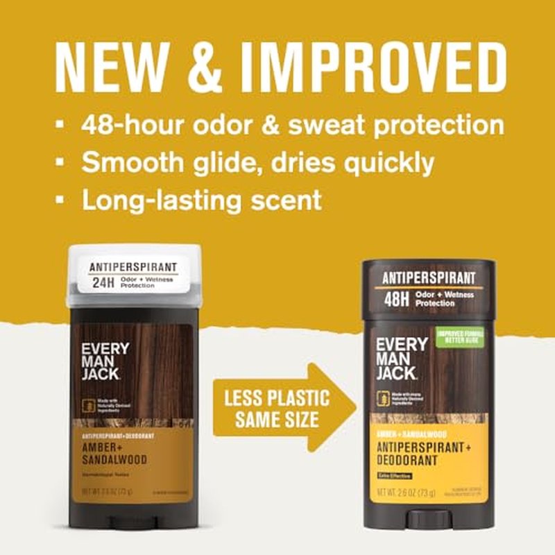 Every Man Jack Men¡¯s Amber + Sandalwood Antiperspirant Deodorant ? New & Improved Formula ? Smooth Glide, 48-Hour Odor & Sweat Defense? 2.6 oz (2 Pack)