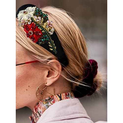 ZITULRY Rhinestone Headband For Women Statement Crystal Knotted Turban Hairband Handmade Beaded Embroidered Flower Hair Hoop Elastic Fancy Wide Hair Accessories for Girls Jewelry Gift, Black