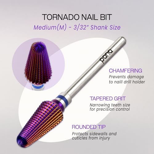 PANA 3/32" Purple Tornado Carbide Nail Drill Bit for Acrylics, Nail Extension, Gel Polish Removal Nail Salon Manicure Pedicure Electric File Tools (Medium - M)