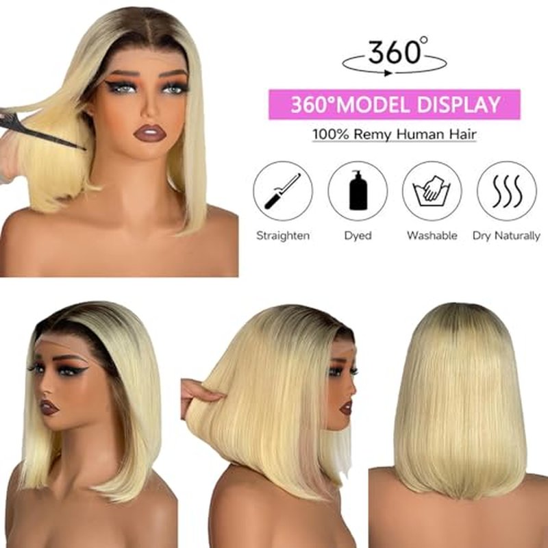 13x4 Ombre Blonde Bob Wig with Dark Roots 613 Brazilian Remy Human Hair Double Drawn Preplucked 200% Density Short Straight Wig UHD Transparent Lace Frontal for Women Summer Party 10"