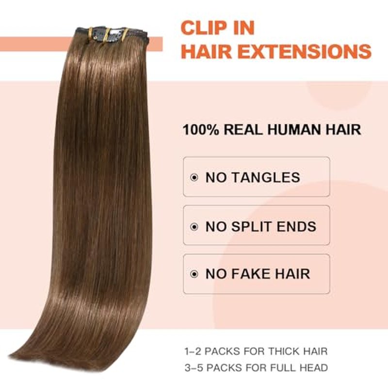Light Brown Hair Extensions Clip in Human Hair 18 Inch 120g 7pcs Remy Hair Silky Straight 16clips One Pack for Women #6 Chestnut Brown Hair Extensions