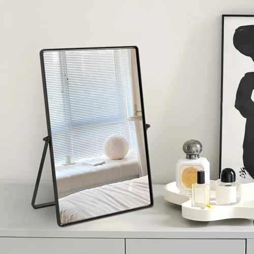 Desktop Makeup Mirror with Black Metal Standing 90¡Æ Rotation Vanity Table Mirror Portable Cosmetic Mirror for Dressing Room Bedroom Bathroom Rectangle