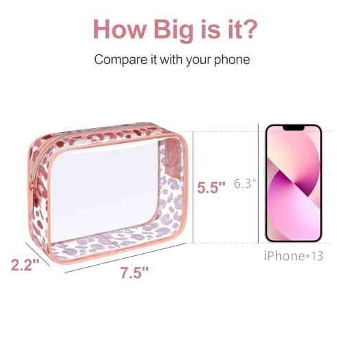 PACKISM TSA Approved Toiletry Bag - Rose Gold Leopard Print Clear Makeup Bag, Suitable for Gifts, with Supporting Frame, Perfect for Travel Essentials, Thick No Smell