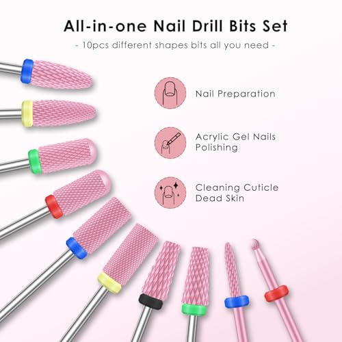 Depvko 10PCS Ceramic Nail Drill Bits, Professional 3/32 inch Electric Manicure Pedicure Drill Bits Nail Tech Set for Acrylic Gel Nails, Efile Cuticle Remover Safety Bit for Nail Drill File, Pink