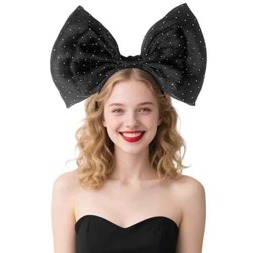 Big Black Bow Headband - Glitter Bows Headpiece for Women Girls, Cute Bowknot Hair Accessories for Birthday Halloween Christmas Cosplay Party Costume Derss Up
