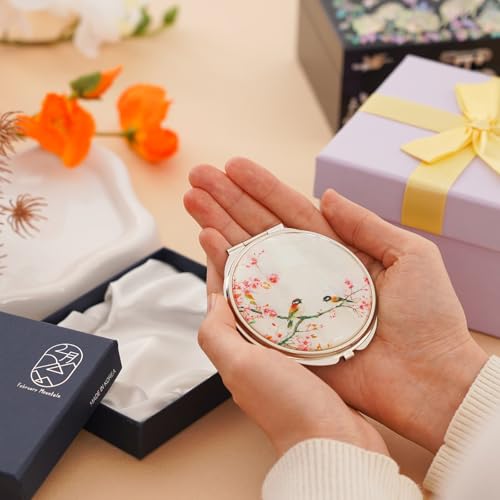 February Mountain Mother of Pearl Compact Mirror ? Dual Magnification Gift for Women, Mom, Sister ? Birthday or Christmas Idea (1, Spring Whispers)