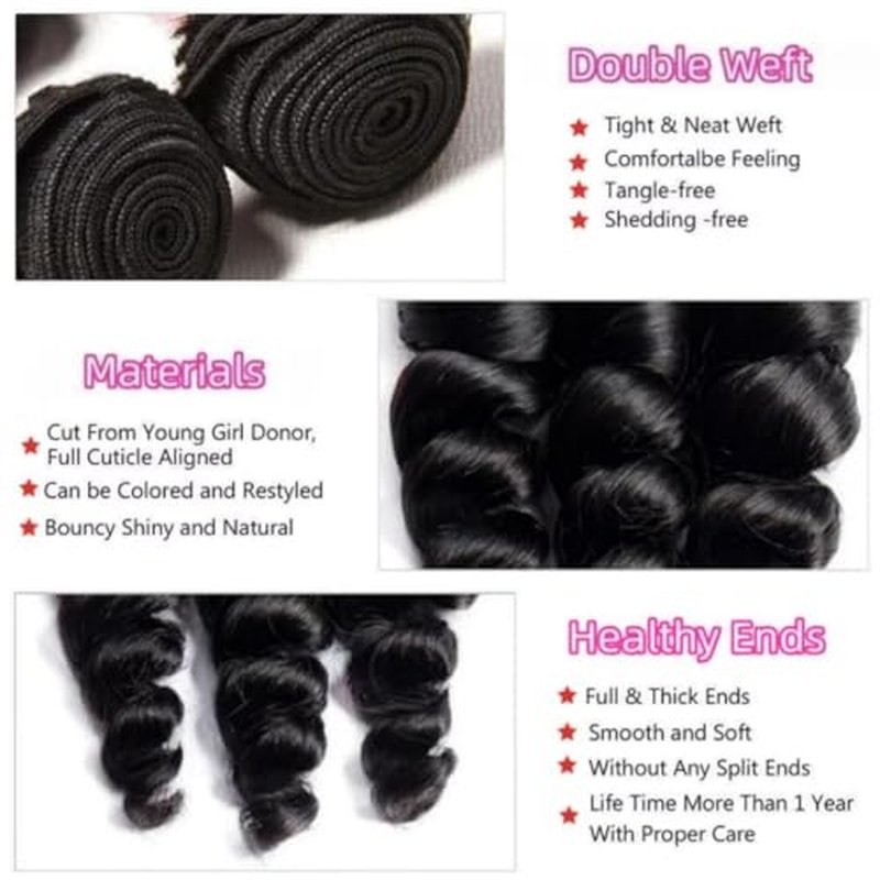 Loose Wave Hair Bundles Thick Brazilian Virgin Human Hair Loose Wave Bundles for Women Natural Black Color Can Be Dyed and Styled Total 300g 16 18 20 Inch