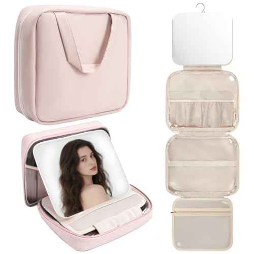 GLINT & GLIDE Travel Makeup Bag with Mirror-Hanging Toiletry Large Capacity, Organizer Toiletries Bag, Portable Cosmetic Case for Women and Girls, Pink