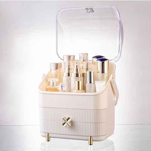 Preppy Skincare Organizers Makeup Organizer Holder Cosmetic Storage Box Display Case 3 Tiers Dust Free Cover Portable Handle 2 Rroomy Drawers Gift Great For Bathroom Countertop Dresser Ivory White