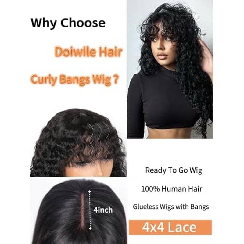 Curly Wig with Bangs Human Hair for Black Women 4x4 HD Lace Closure Wigs Human Hair long Black Wig with Bangs Glueless Wigs Human Hair 22inch