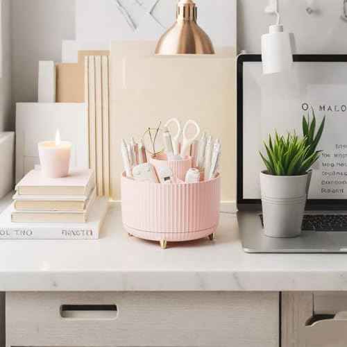 360 Degree Rotating Desktop Organizer, Makeup Brushes, Pencils, Desktop Stationery Storage Rotating Rack, Premium Plastic Organizer For Office, School And Home (5 Slots, Pink)