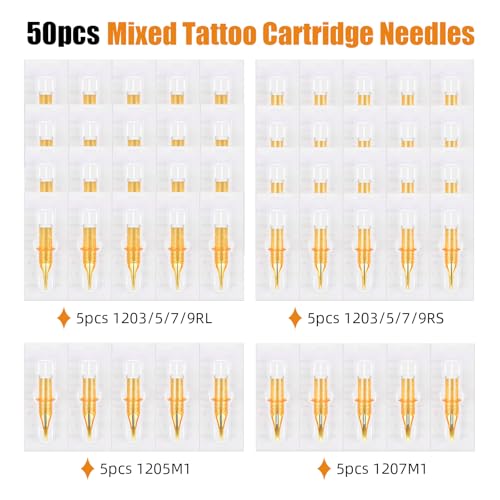 50pcs Mixed Tattoo Cartridge Needles, ATOMUS Assorted Disposable Tattoo Needle 3RL 5RL 7RL 9RL 3RS 5RS 7RS 9RS 5M1 7M1 for Tattoo Machine(Gold)