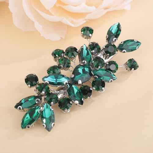 Teyglen Green Rhinestone Hair Clip Bridal Crystal Hair Barrette for Women Sparkly Hair Piece Wedding Hair Clips Hair Accessories for Women (Peacock green)