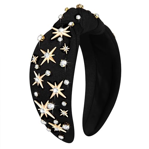 Rhinestone Crystal Jeweled Headband - Wide Top Knot Hairband for Women, Fashion Hair Accessory for Christmas, New Year Party Gift (black Star knot headband A)