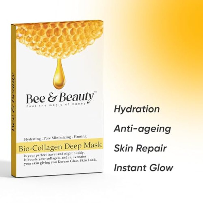 Bee & Beauty Bio Collagen Overnight Mask Pack Of 20 Korean Face Mask For Glass Skin Sheet Mask For Deep Hydration, Pore Minizmizing With Goodness Of Honey