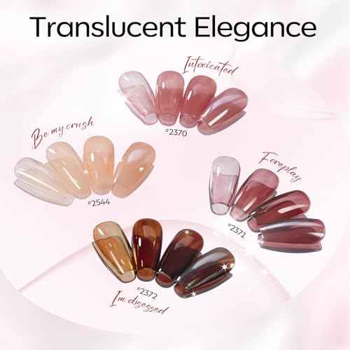 Modelones Jelly Gel Nail Polish Kit with UV Light, Fall Sheer Pink Nude Red Brown Jelly Gel Polish with Base Top Coat Pearl Chrome Powder 4 Transparent Colors Mini Salon Nail Art Gift for Women Girls