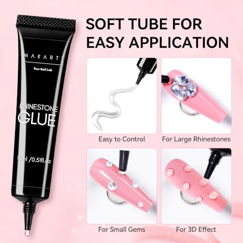 Makartt Nail Rhinestone Glue Set - Gel Nail Glue for Rhinestones, 3D Art Design Super Strong Adhesive for Charm Gems Jewel Crystal Beads Diamonds, 15ml & 8ml, Easy Use, Cured Need
