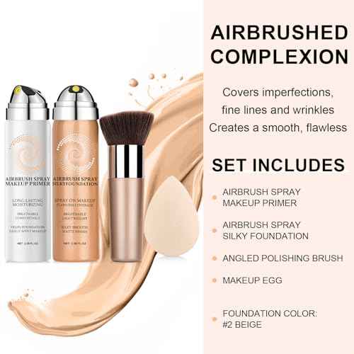 AirBrush Foundation Spray With Airbrush Primer, Silky Mist Foundation Spray Makeup, Full Coverage Foundation for Smooth Radiant, Formula Breathable Lightweight Hydrating (02 Beige)