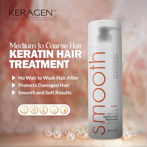 Keragen Brazilian Smoothing Keratin Hair Treatment | Sulfate-Free Blowout System for Dry, Damaged, Curly, or Frizzy Hair | Forte Formula | Medium to Coarse Hair | 32 Oz