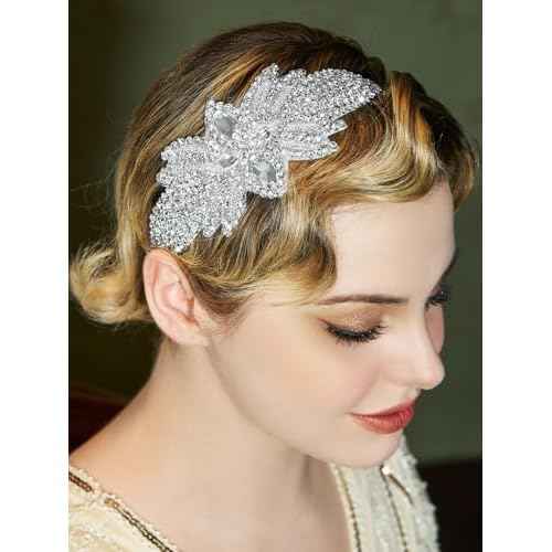 SWEETV 1920s Flapper Headpiece for Women, Rhienstone Roaring 20's Headband Great Gatsby Flapper Hair Accessory for Women,Silver