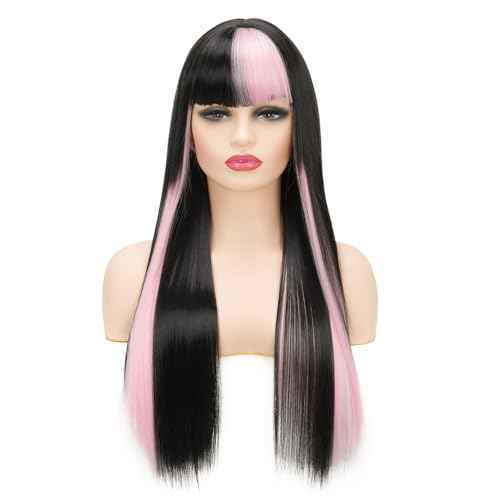 Black and Pink Wigs with Bangs for Women Long Straight Synthetic Wig,Heat Resistant Hair Natural Looking Wig Daily Party Halloween Cospaly Used
