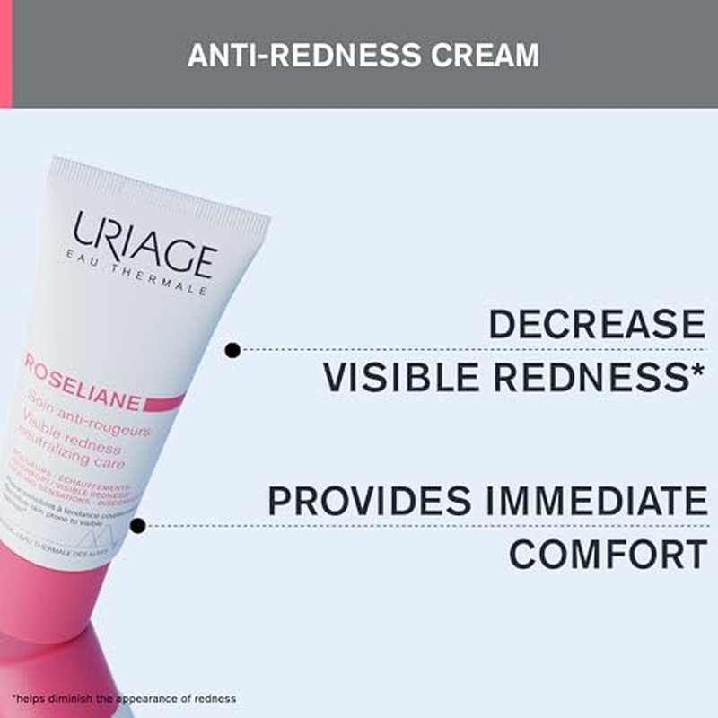 Uriage Roseliane Anti-Redness Cream with Green Pearls, Shea Butter, Ginseng & Algae Extracts | Soothes, Hydrates, Reduces Visible Redness, Paraben-Free, Non-Comedogenic, 40 mL / 1.35 oz