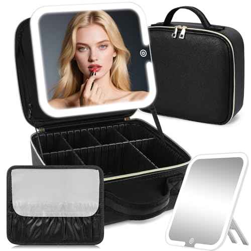 Makeup Bag with Mirror and Light, Travel Makeup Train Case with LED Lighted Removable Mirror, Portable Cosmetic Organizer Make up Bag with 3 Colors Dimming Light, Adjustable Dividers & Brush Board