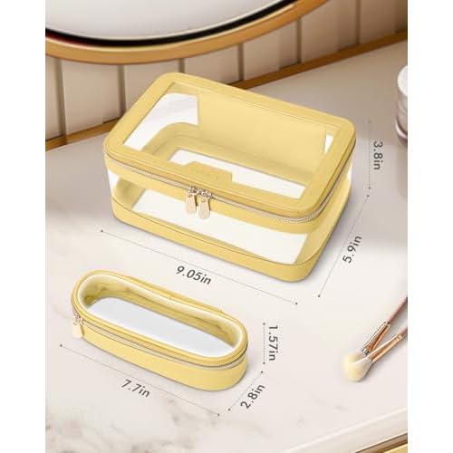 Travel Clear Makeup Bag with Makeup Brush Bag, Leather Makeup Case Toiletry Bag, Portable Cosmetic Bag Case, Transparent Waterproof Cosmetic Organizer Storage Bag for Women, Yellow