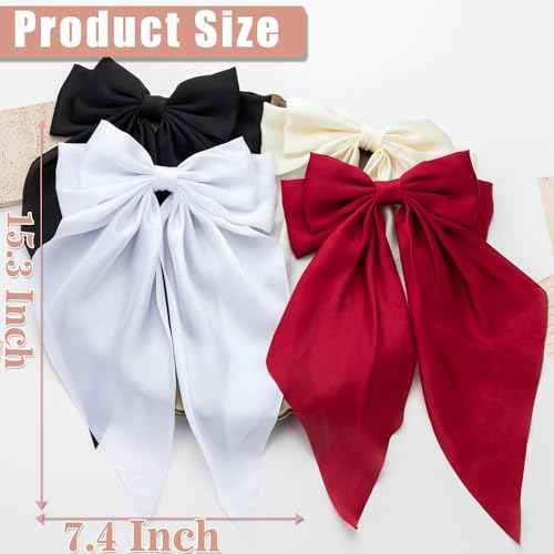 Hair Bows 4 PCS Ribbon Bow for Women, Ribbons, Oversized Long-tail Cute Aesthetic Accessories, Large Barrettes Girls£¨Wine red off white black white£©