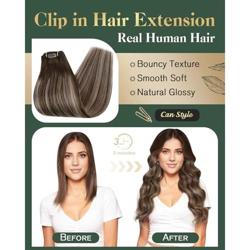 Ugeat Hair Extensions Clip in 18 Inch Clip in Extensions Real Human Hair Balayage Brown Human Hair Extensions Clip ins Ash Brown No Damage 7Pcs 120G 4/18/4