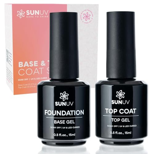SUNUV 15ml Gel Top Coat and Base Coat Set, Gel Nail Polish Kit 2 Pack, Art Manicure UV Nail Lamp No Wipe High Gloss Gifts for Women