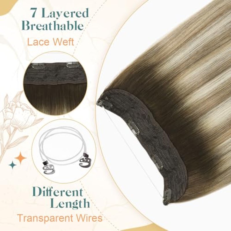 Sindra Wire Hair Extensions Human Hair Balayage Walnut Brown to Light Brown With Blonde Fishing Line Extensions 22Inch 85g Remy Invisible Wire W22#3/8/22