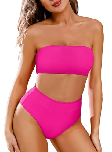 Pink Queen Women's Bandeau High Wiast Set Removable Strap Swim Bright Pink M