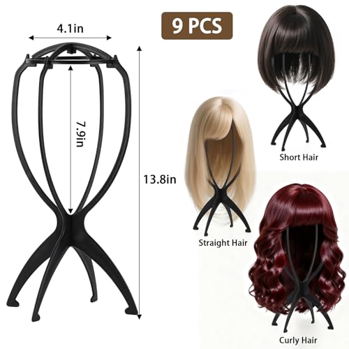 Tecbeauty 9 Pcs Wig Stand, Portable Wig Holder Wig Head Stand for Women Multiple Wigs (Black)